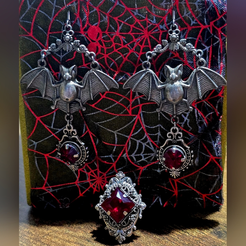 Gothic Vampire Bat Earrings + Ruby Red Filigree Statement Ring Set Victorian